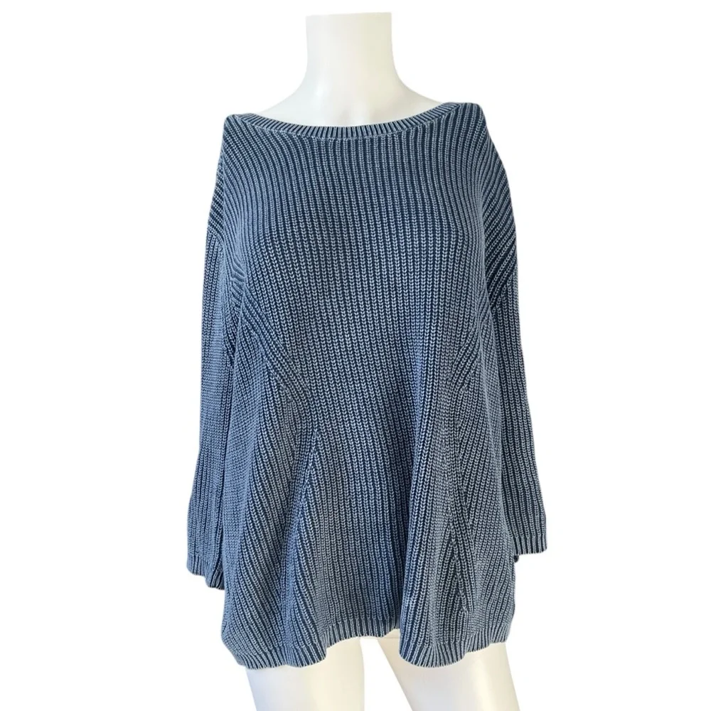 Caslon Blue Cotton Sweater Pullover Tie Neck Coastal Womens Size Large L